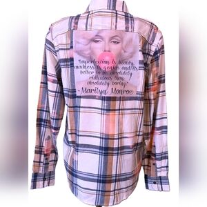 NWT Distressed Pink Plaid Shirt with Graphic Back